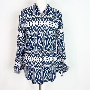 BENSON BLUE WHITE IKAT PRINT STAND COLLAR LONG SLEEVE BLOUSE WOMENS SZ XL